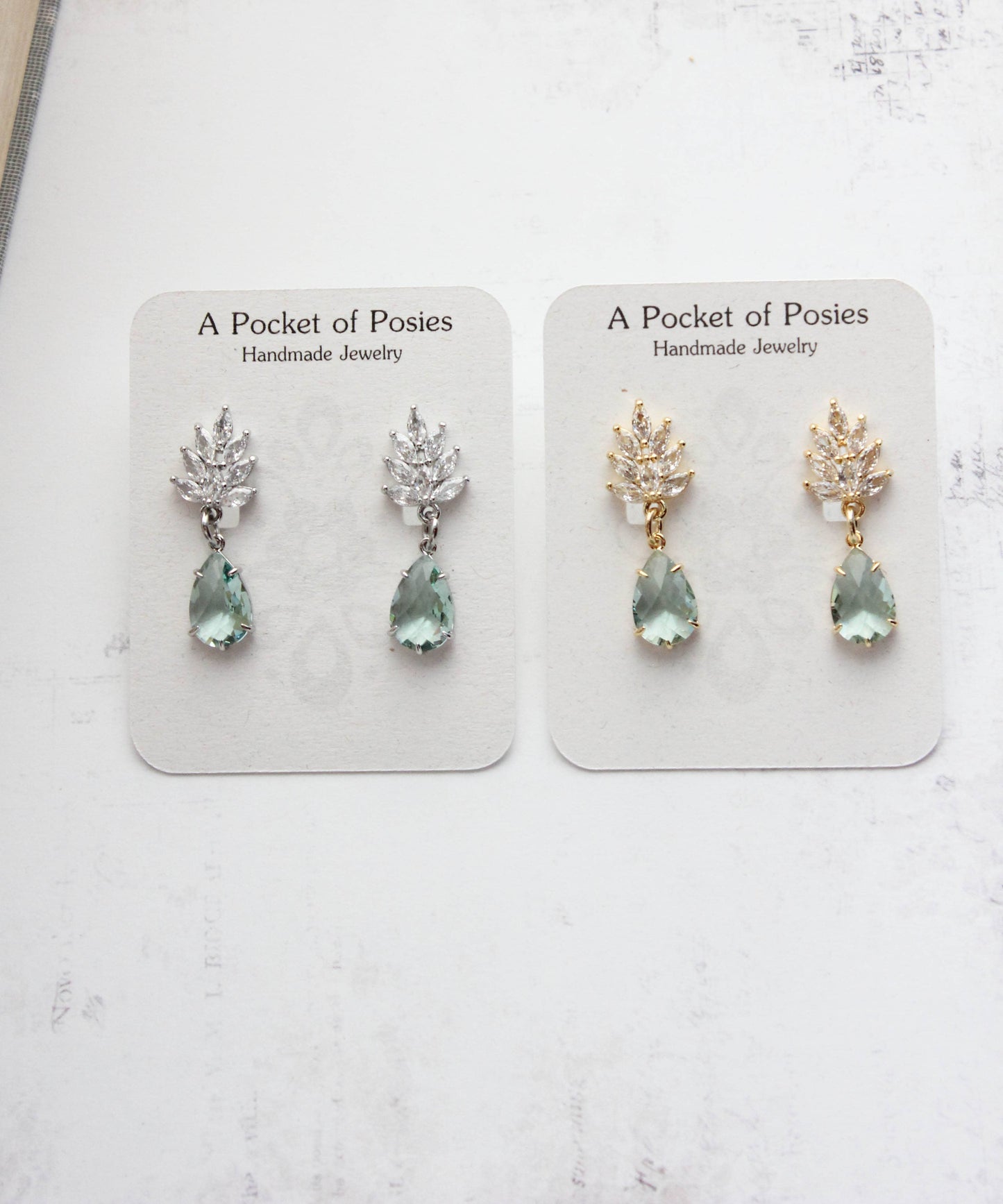 A Pocket of Posies - Glass Leaf Earrings | Rhinestone Studs | Gold or Silver: Gold Plated