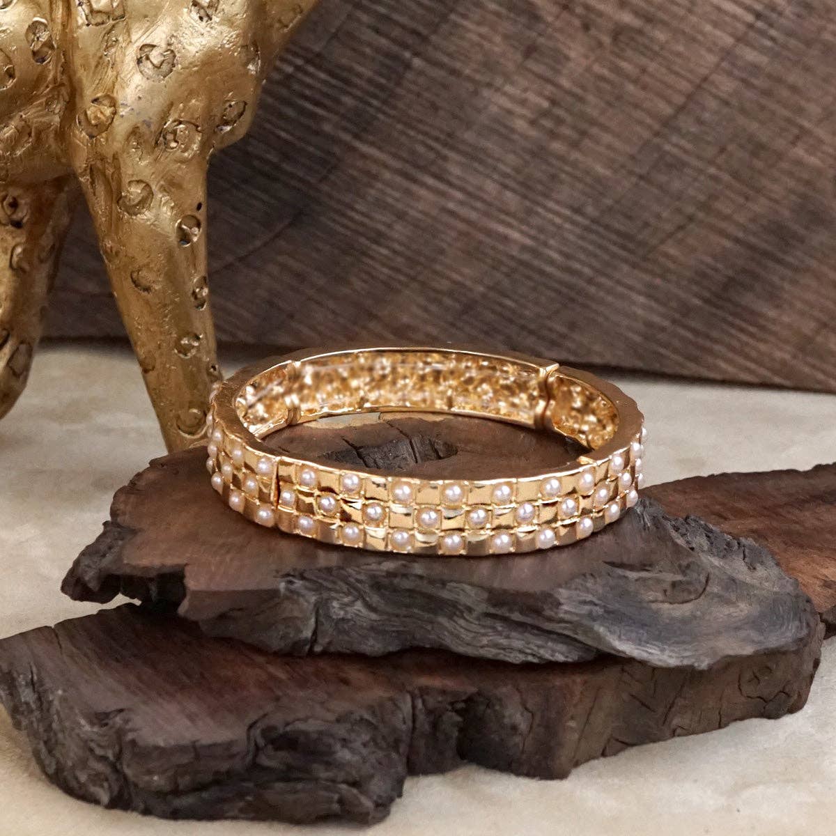 PennyLine inc - Luxe Check – Checker Crystal Stretch Bangle: Gold - Clear