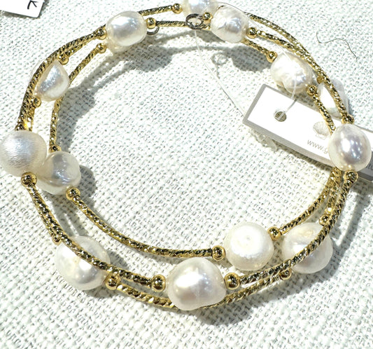 Studio G - #150 GD Gold Wrap Potato Pearl Bracelet: White Pearl