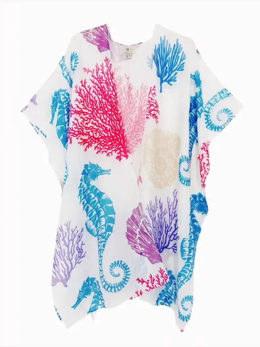 JC Sunny Fashion - 2 Colors--JC062730 Seahorse Shell & Coral Kimono: White