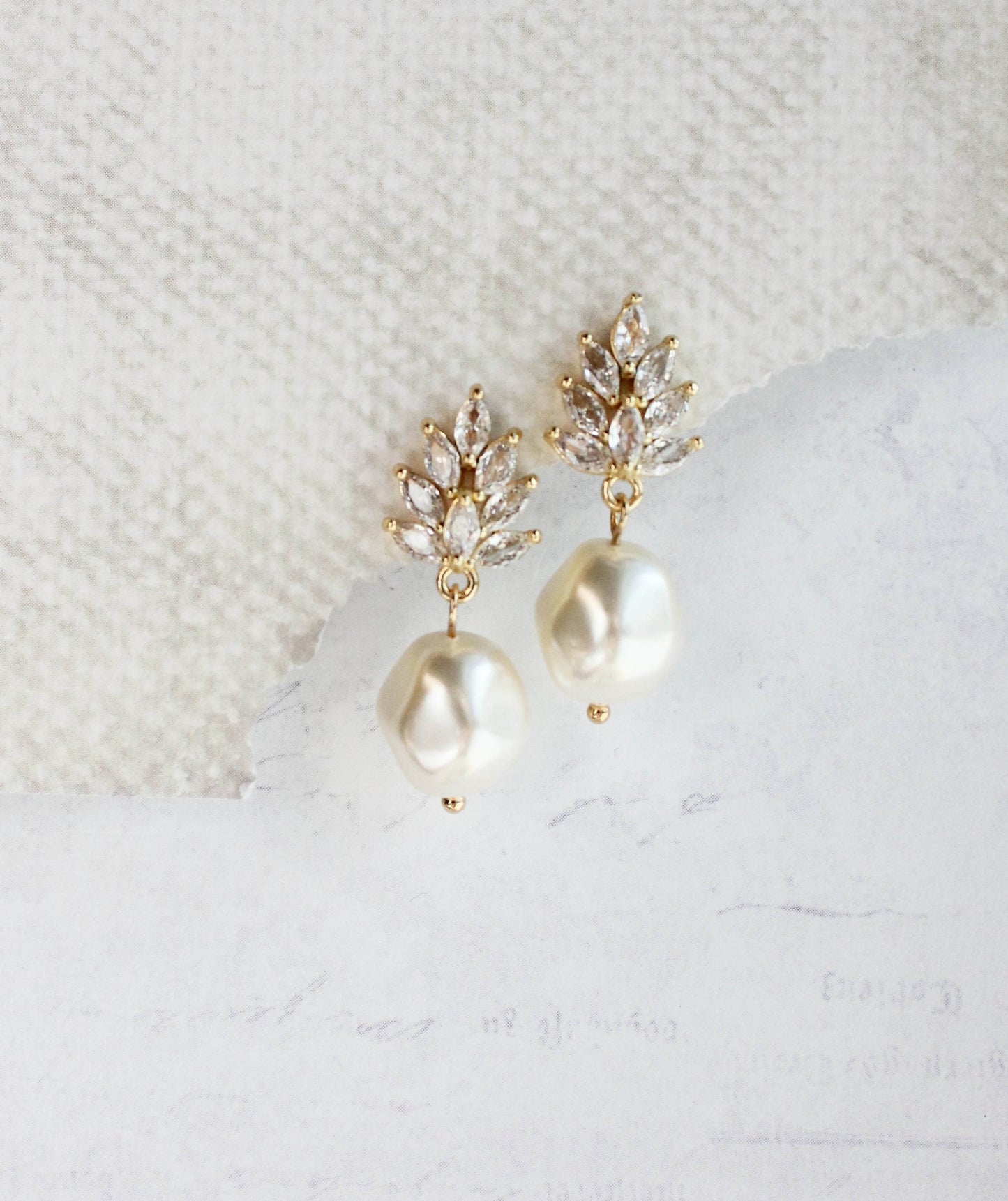 A Pocket of Posies - Glass Leaf Post Earrings | Baroque Pearl | Gold or Silver: Gold Plated