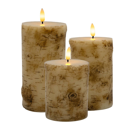 LumaBase - Battery Operated Birch Wood Pillar Candles - Set of 3