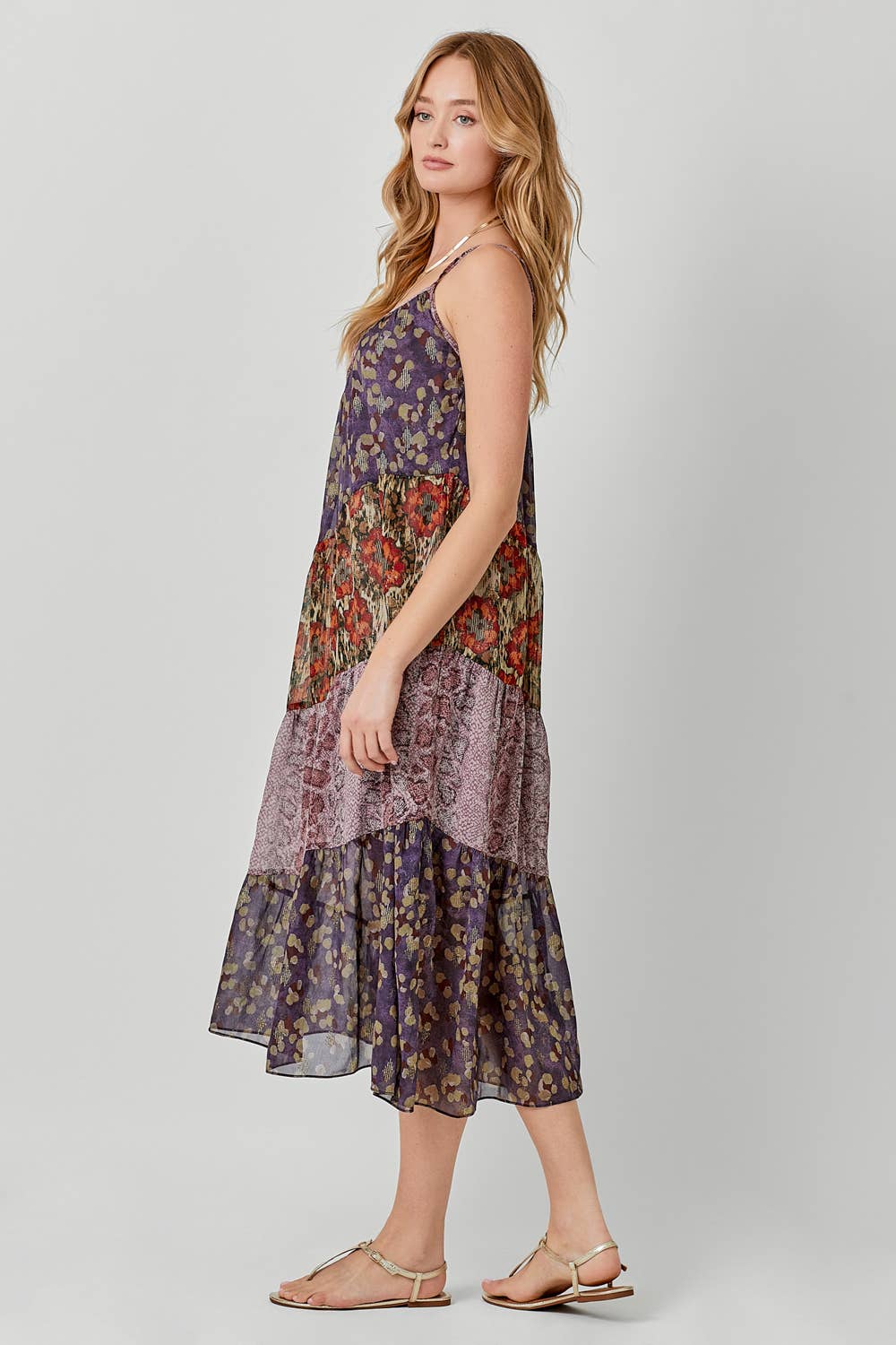 Mystree - 60071 Print Mixed Maxi Dress: Lavender Mix / Small