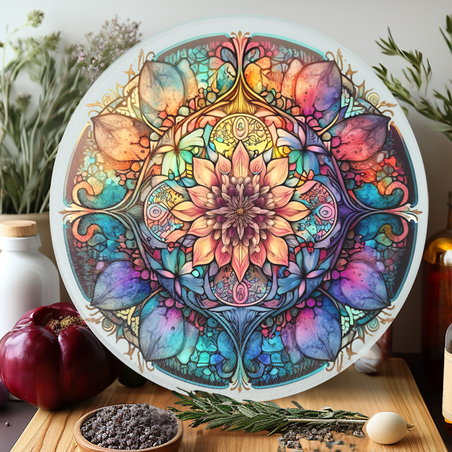 Fernville Creations - Mandala Cutting Board, Printed Image on Textured Glass: 12 Inch