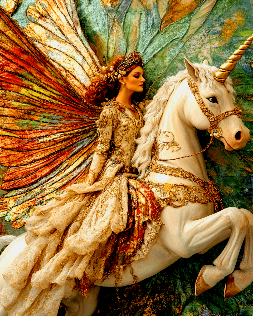 Mowbi - Fairy on Noble Unicorn - Fairies Wall Art Prints – 8″x10″ Artwork for 11″x14″ Frame