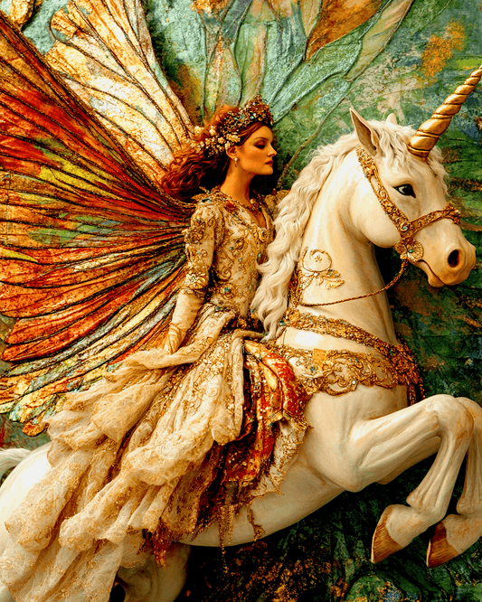 Mowbi - Fairy on Noble Unicorn - Fairies Wall Art Prints – 8″x10″ Artwork for 11″x14″ Frame