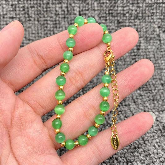 Mio Queena - Cat's Eye Stone & 18K Gold Plated SS Beaded Necklace -FGS/CS: Green