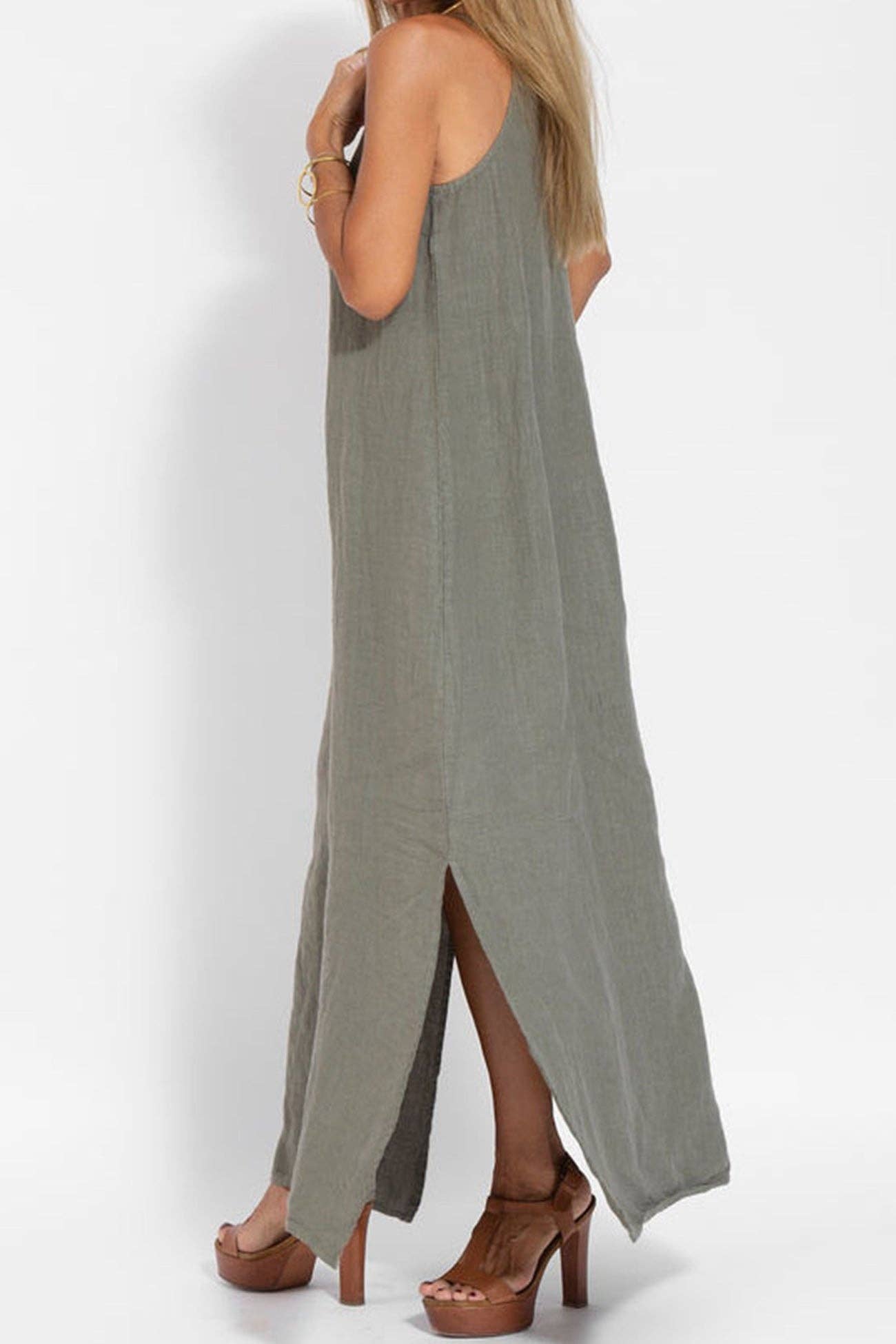 Elanora - Cotton Linen Slit Cami Dress: White / XL