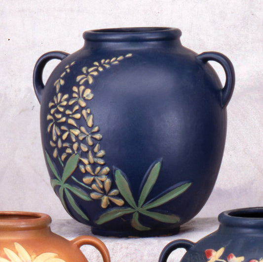 AA Importing - Roseville-Style, Lupine Pot in Brown & Blue, 9": Blue