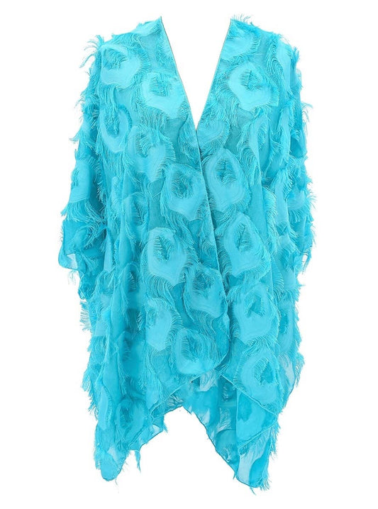 JC Sunny Fashion - Fringe Feather Detailed Lightweight Eyelash Kimono 11 colors: Peacock Blue