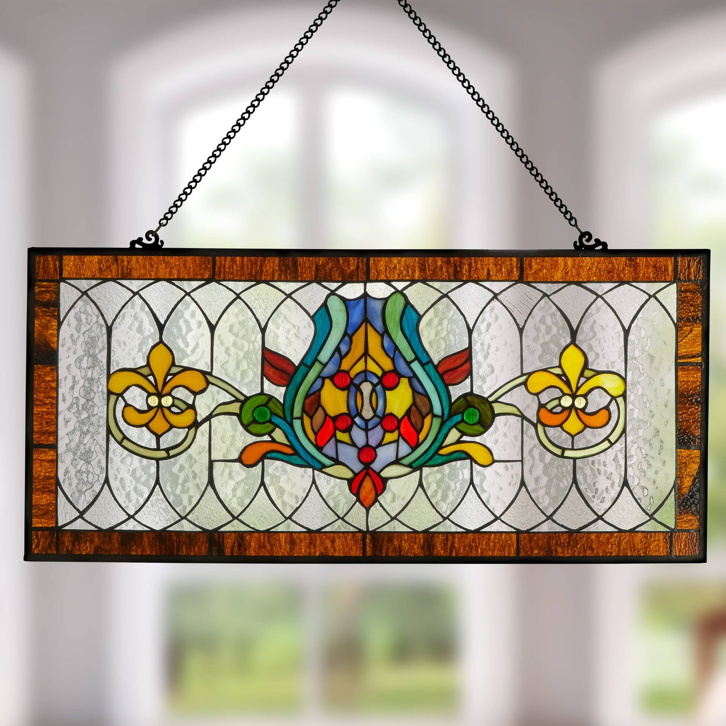 River of Goods - 30"L Fleur De Lis Victorian Stained Glass Pub Window Panel: Amber
