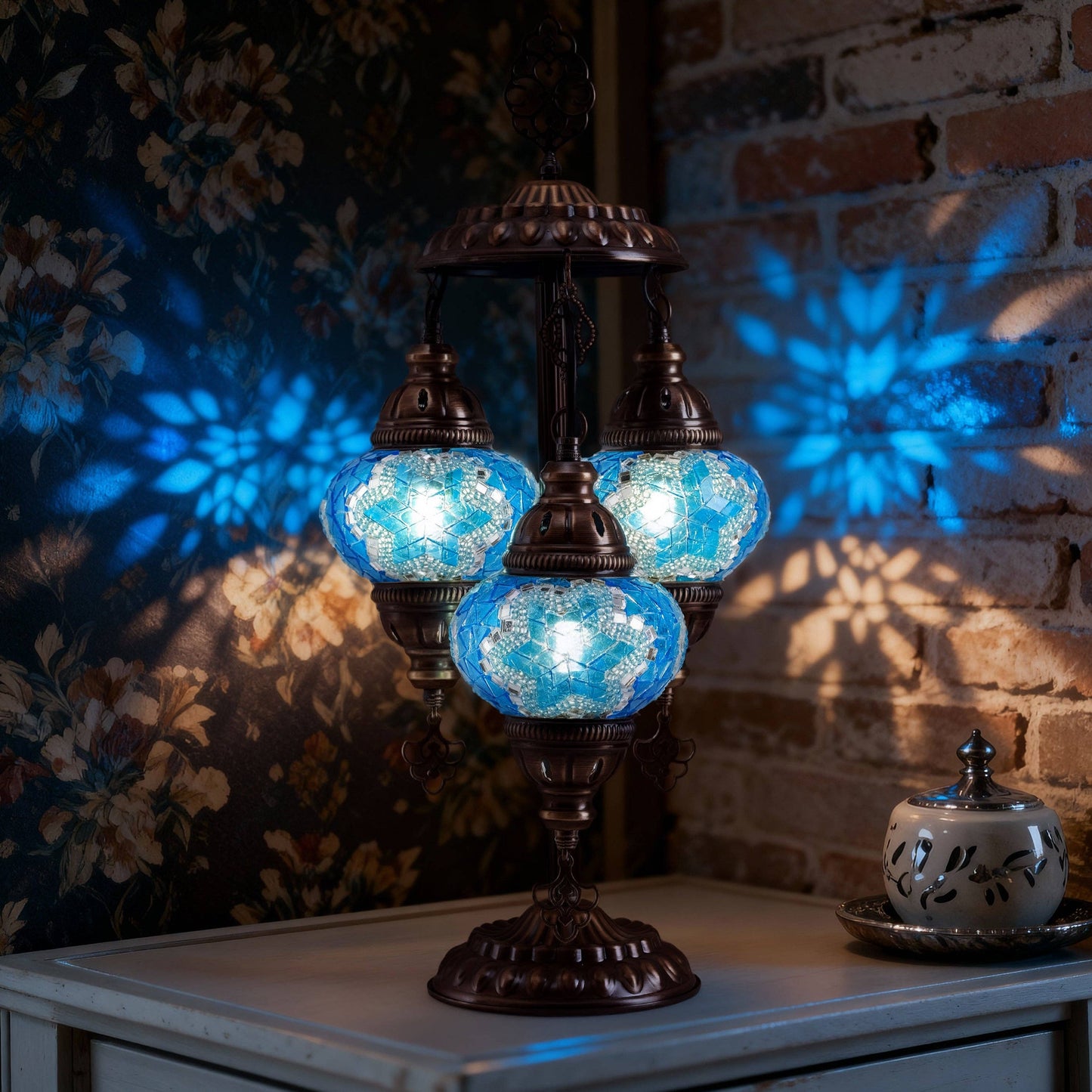 Mozaist - 3-Globe Turkish Mosaic Table Lamp (Blue)