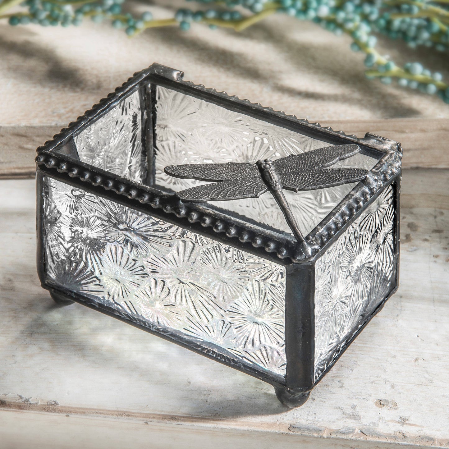 J Devlin Glass Art & Bert Anderson Collection - Clear Vintage Stained Glass Dragonfly Trinket Box Box 291