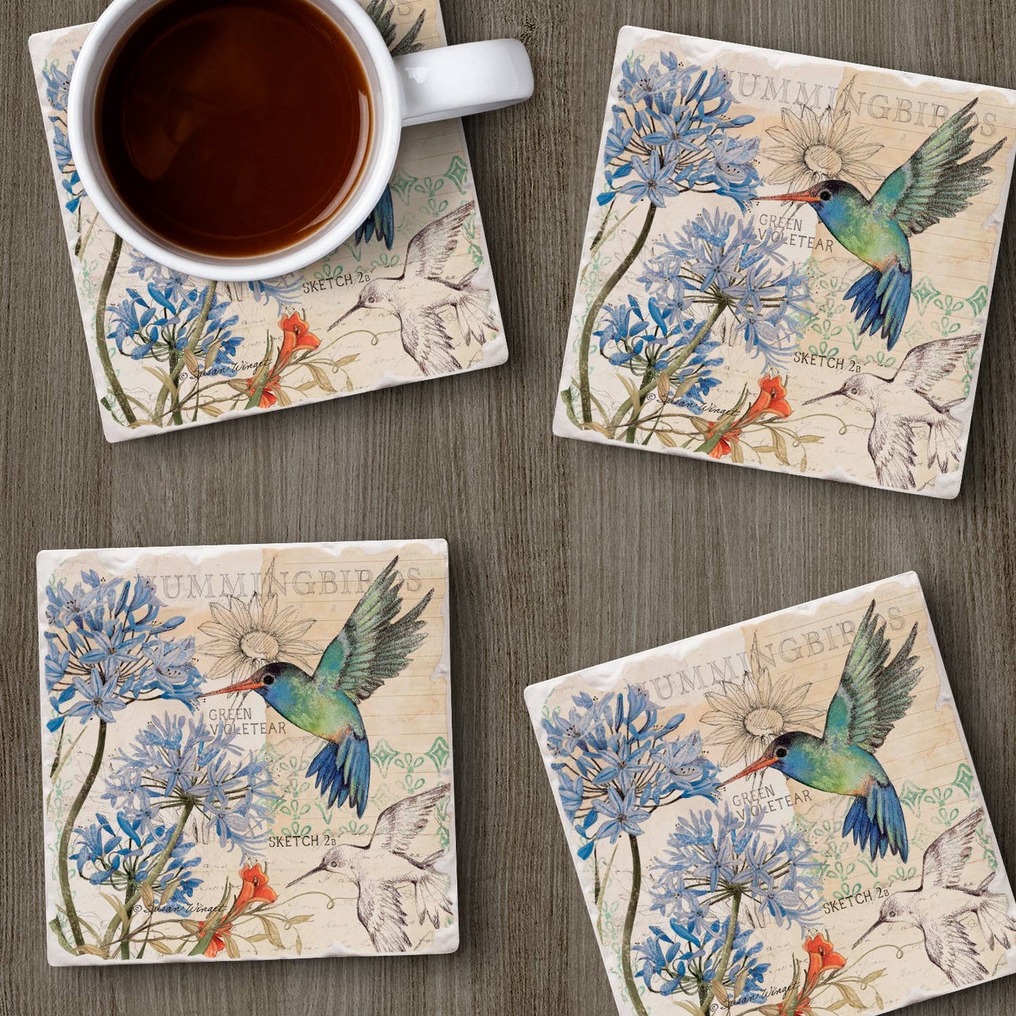 CounterArt/Highland Home/Thirstystone - "Hummingbird Study" 4 Pack Tumbled Tile Coasters