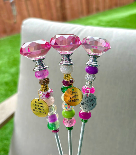 Sea of Bliss Shop - Fairy Garden Plant Stakes, Sun Catcher, Handcrafted: Pink / No Charm / 13 inch