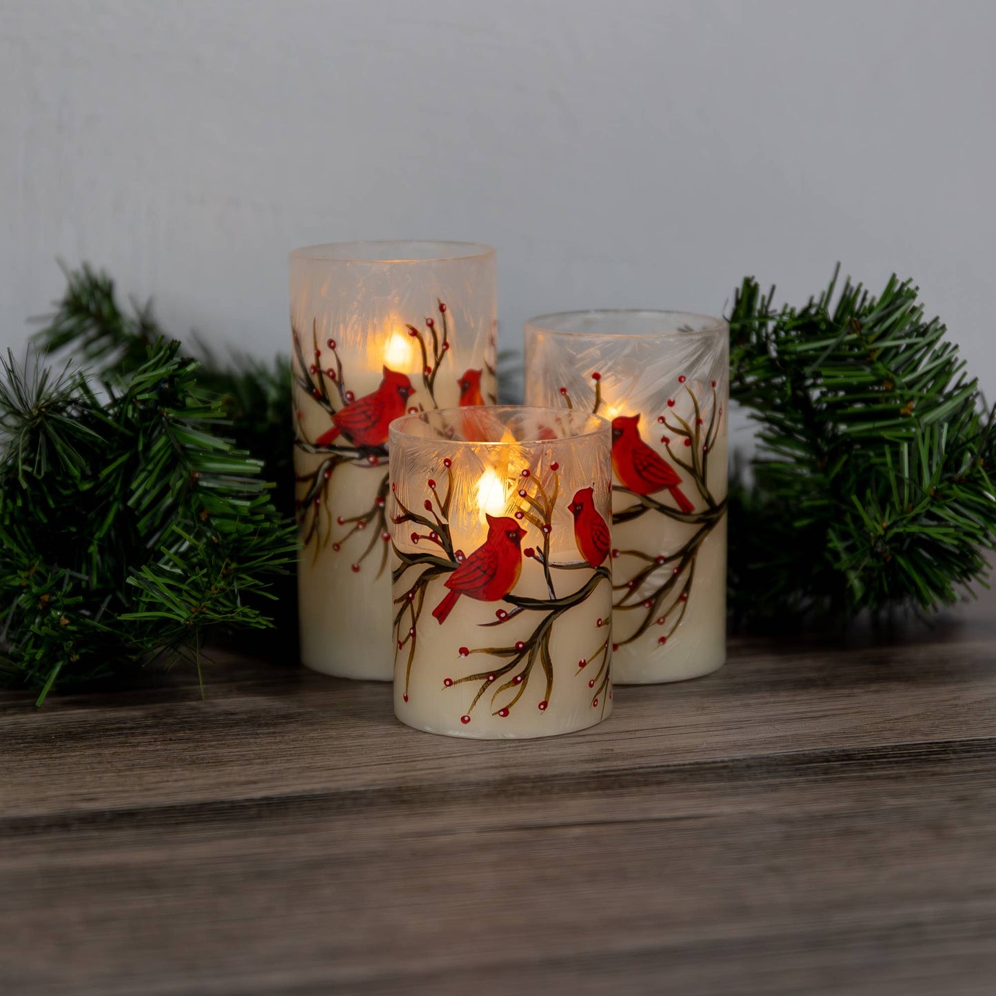 LumaBase - Battery-Operated Glass/Wax Candles- Red Cardinals, 3ct