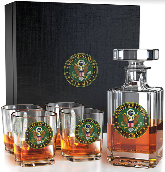 Old Southern Brass - U.S. Army Decanter Whiskey Glass Gift Set - 5 Piece Set