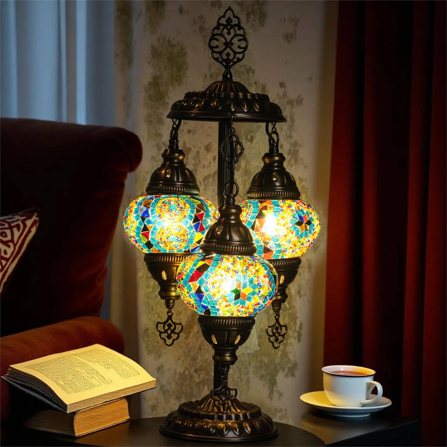 Mozaist LLC - 3-Globe Turkish Mosaic Table Lamp (Rainbow)