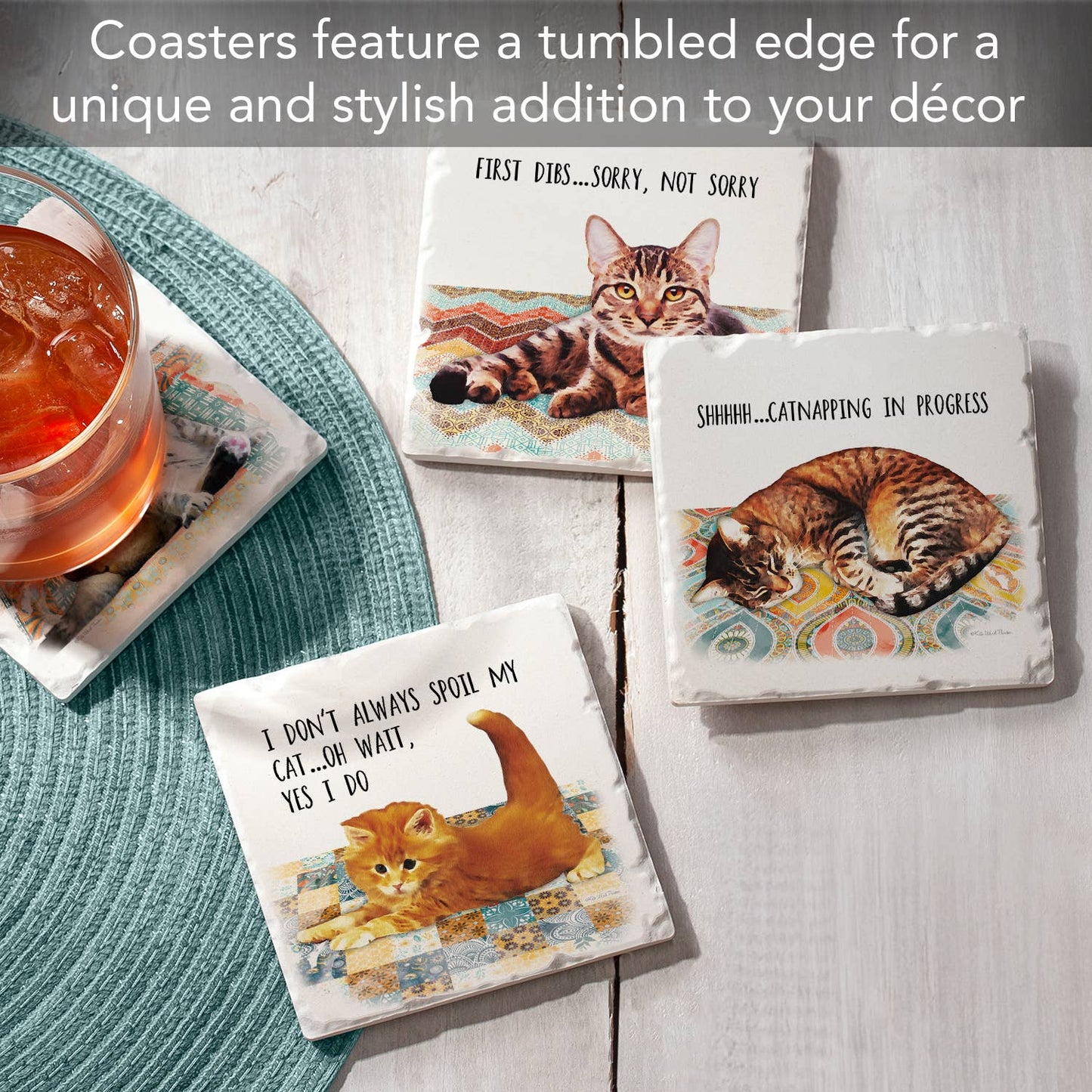 CounterArt/Highland Home/Thirstystone - Cat Nappy Assorted Image Tumbled Tile Coaster 4 Pack