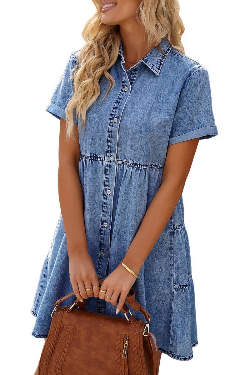 NINEXIS - CWDSD5998_DENIM CASUAL SHORT-SLEEVED MIDI DRESS: DARKBLUE / (XL) 1