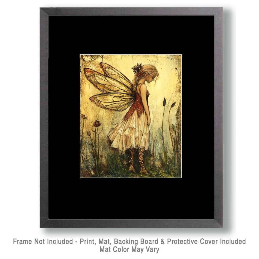 Mowbi - Folk Art Sullen Fairy - Rustic Farmhouse Decor  8"x10" Artwork for 11"x14" Frame