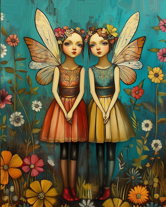 Mowbi - Folk Art Twin Fairies Turquoise Garden - Fairy Folk Art Prints – 8″x10″ Artwork in 11″x14″ Mat