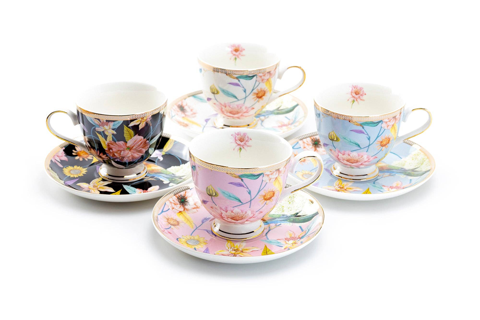 Grace Teaware Spring Flowers Hummingbird Porcelain Cup & Saucer Set - Thumbnail 4