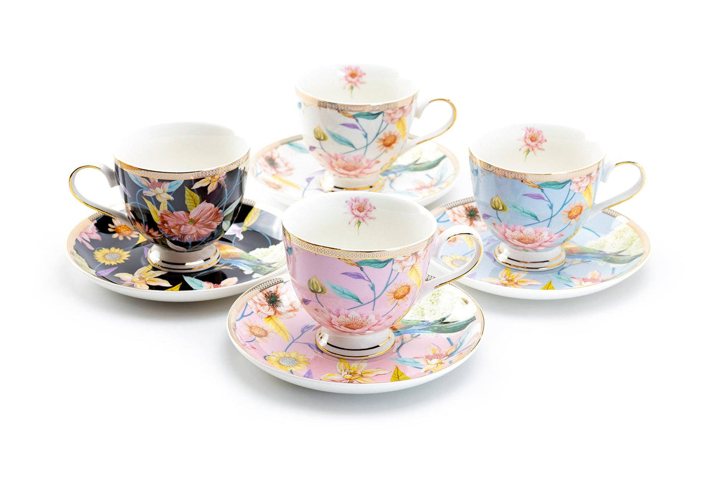 Grace Teaware - Spring Flowers Hummingbird Porcelain Cup & Saucer Set of 4