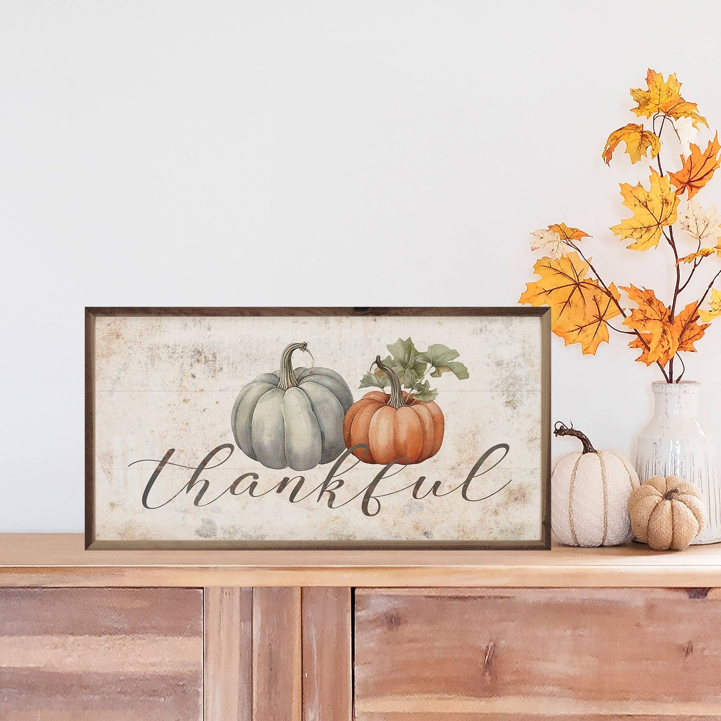 Kendrick Home - Thankful Two Pumpkins Whitewash: 24 x 12