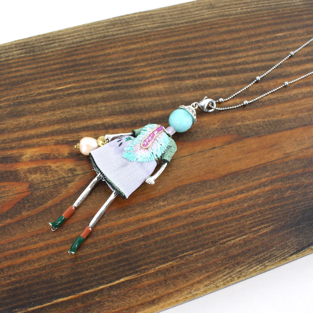 Pretty Persuasions - N23188D Stone Adorned French Doll Stainless Steel Necklace: 08 Magenta/Green