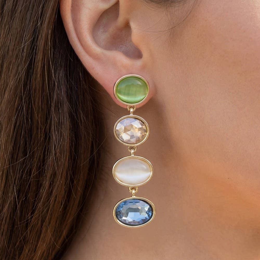 The Looks by Fame Accessories - Tiered Oval Crystal Drop Earrings: 1BLUE
