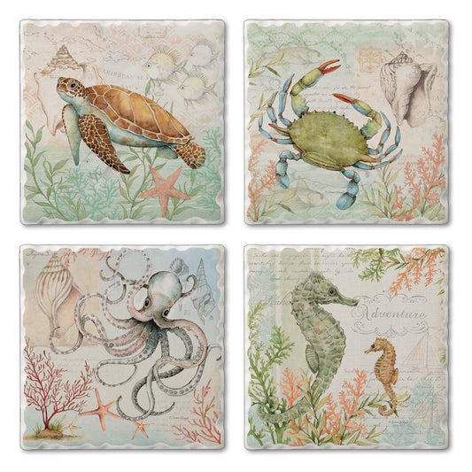 CounterArt/Highland Home/Thirstystone - Caribbean Seas Assorted Image Tumbled Tile Coaster 4 Pack