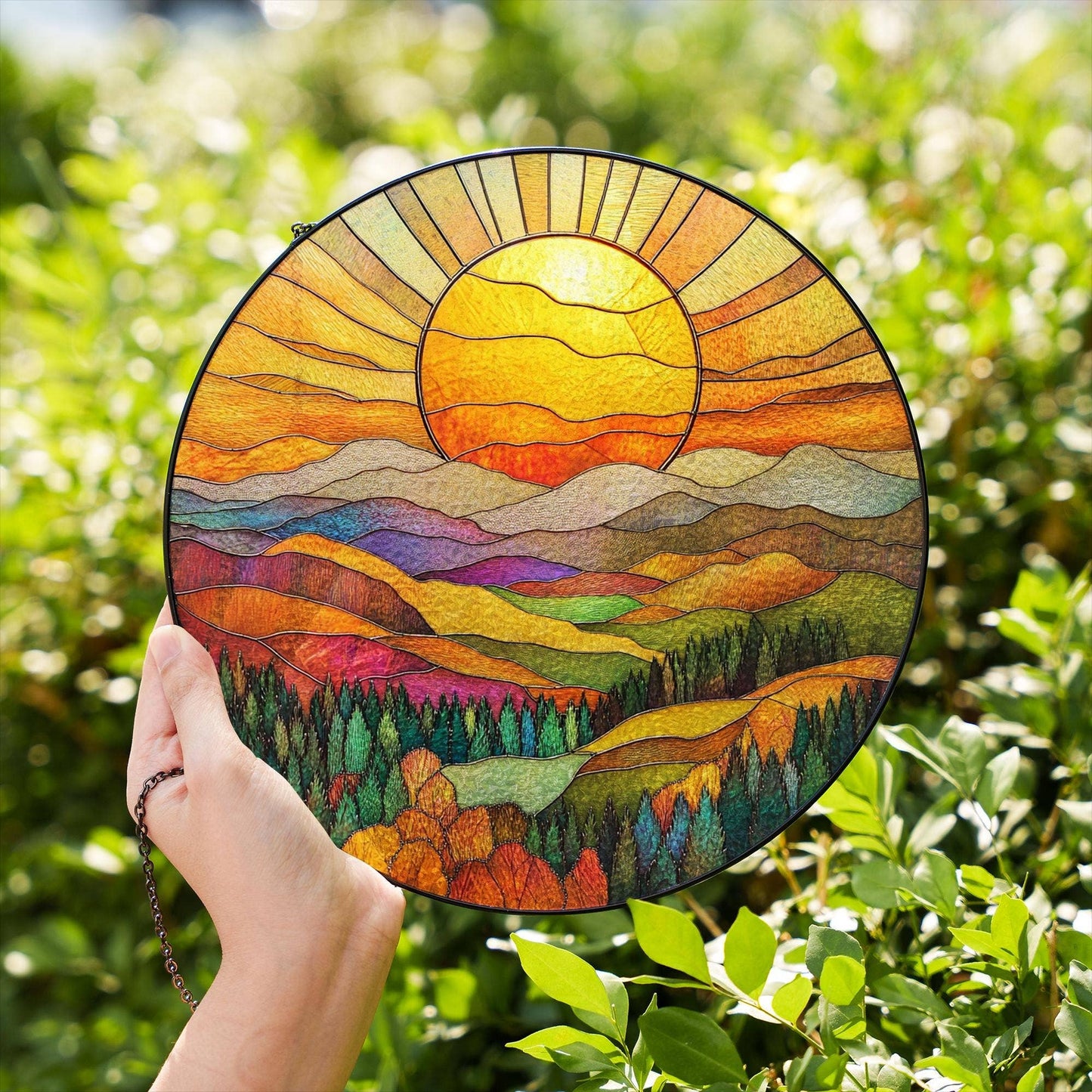 NVC Ecommerce LLC - Mountain Range Stained Glass Suncatcher, Nature Window Art: 11.8in