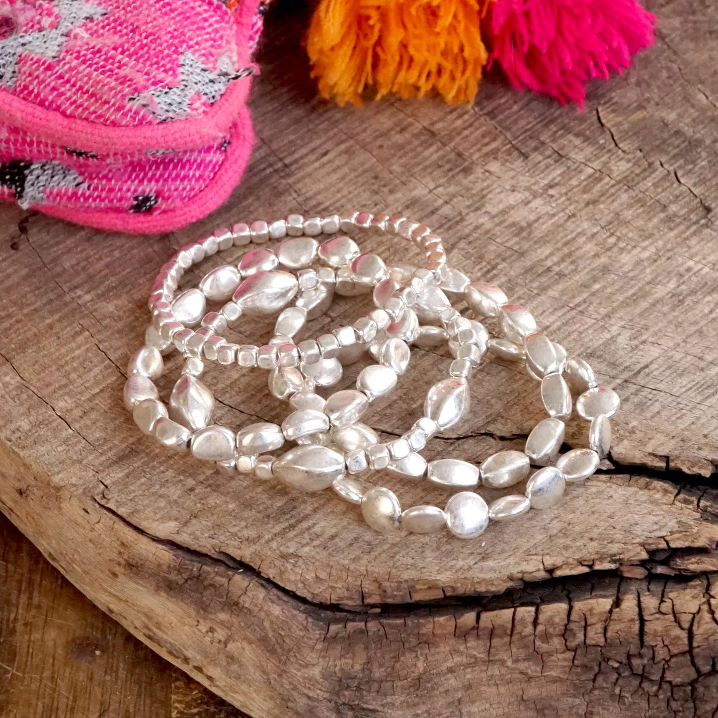 PennyLine inc - Boho Gold and silver Beaded Bracelets stack of 5: Worn Gold Tone