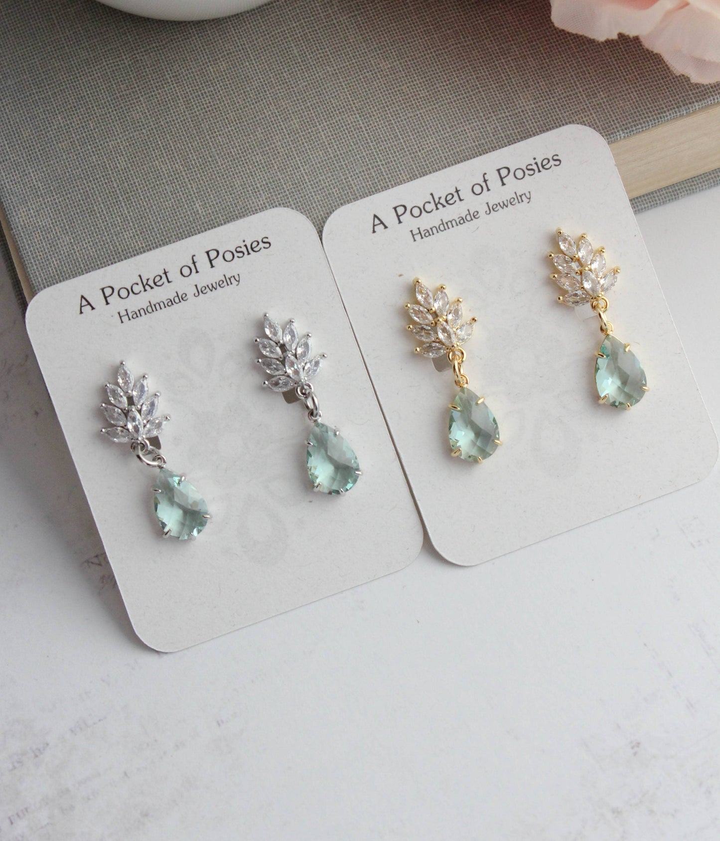 A Pocket of Posies - Glass Leaf Earrings | Rhinestone Studs | Gold or Silver: Gold Plated