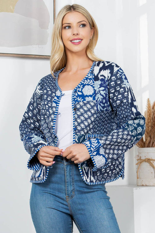 LA Soul - Floral Print Quilted Patch Cotton Jacket - Blue: S