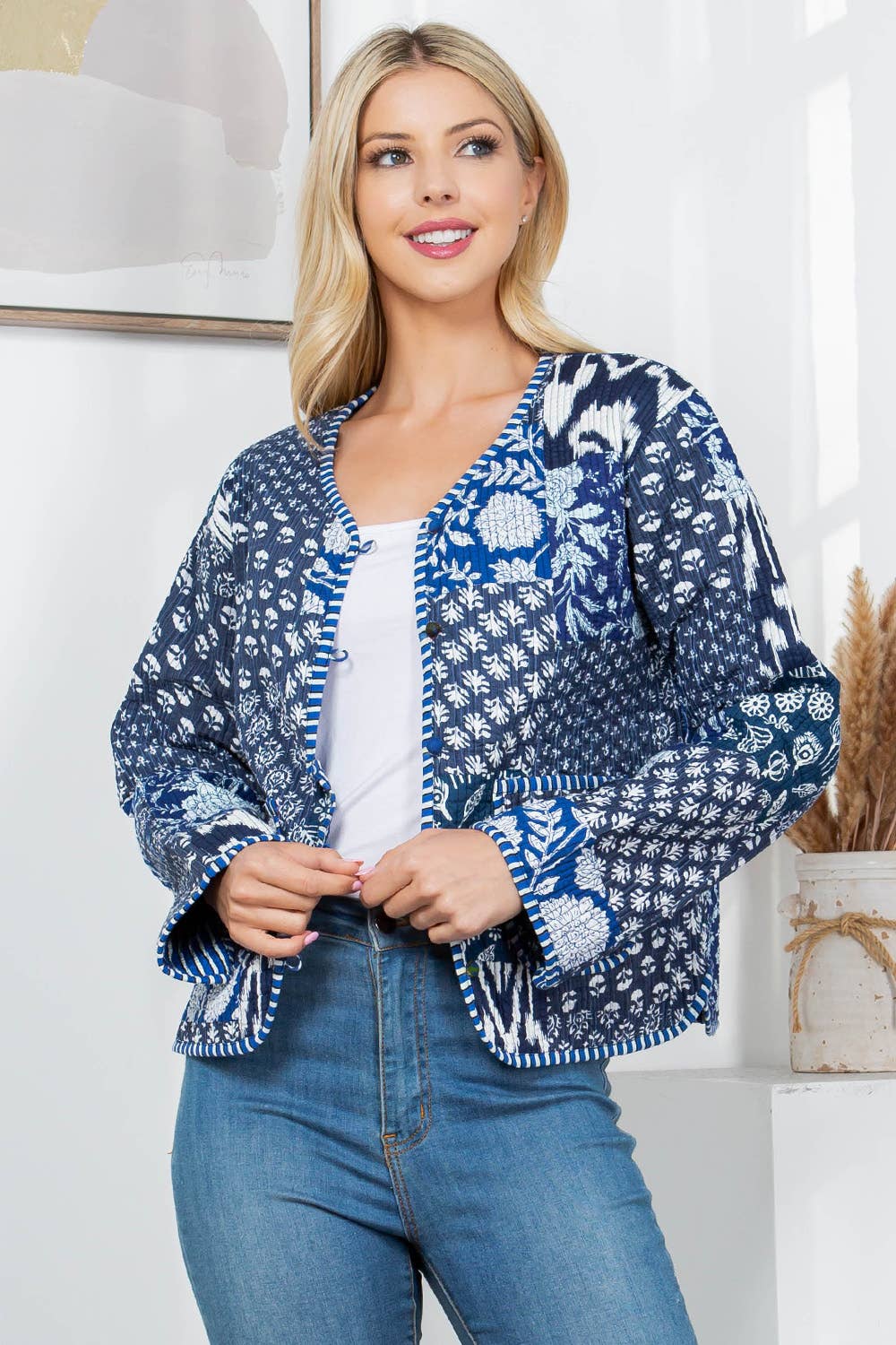 LA Soul - Floral Print Quilted Patch Cotton Jacket - Blue: XL