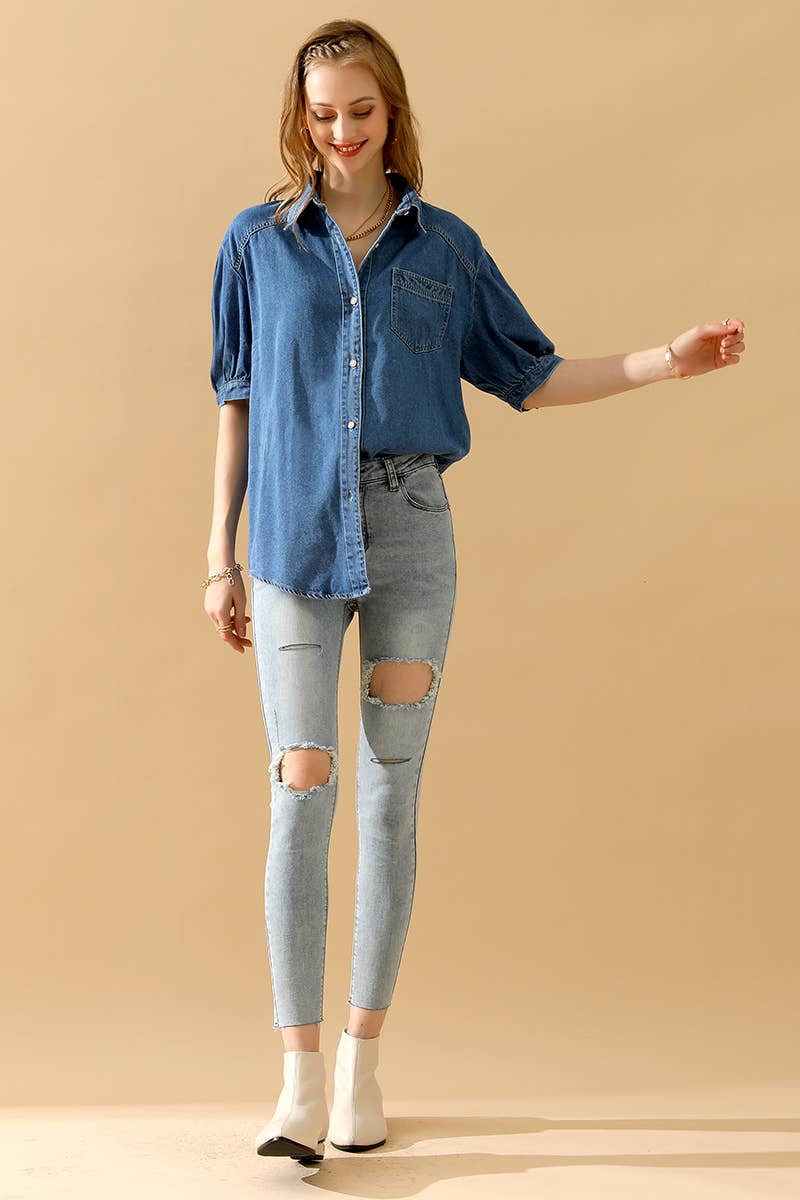NINEXIS - CWJT0001-B_SHORT PUFF SLEEVE BUTTON DOWN DENIM SHIRTS: DENIM / (XL) 1