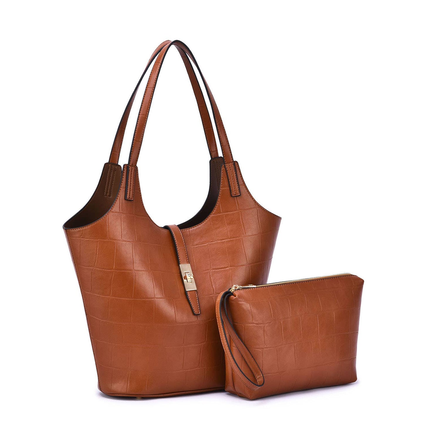 Mellow World - Clio 2-in-1 Croc Embossed Tote: Cognac
