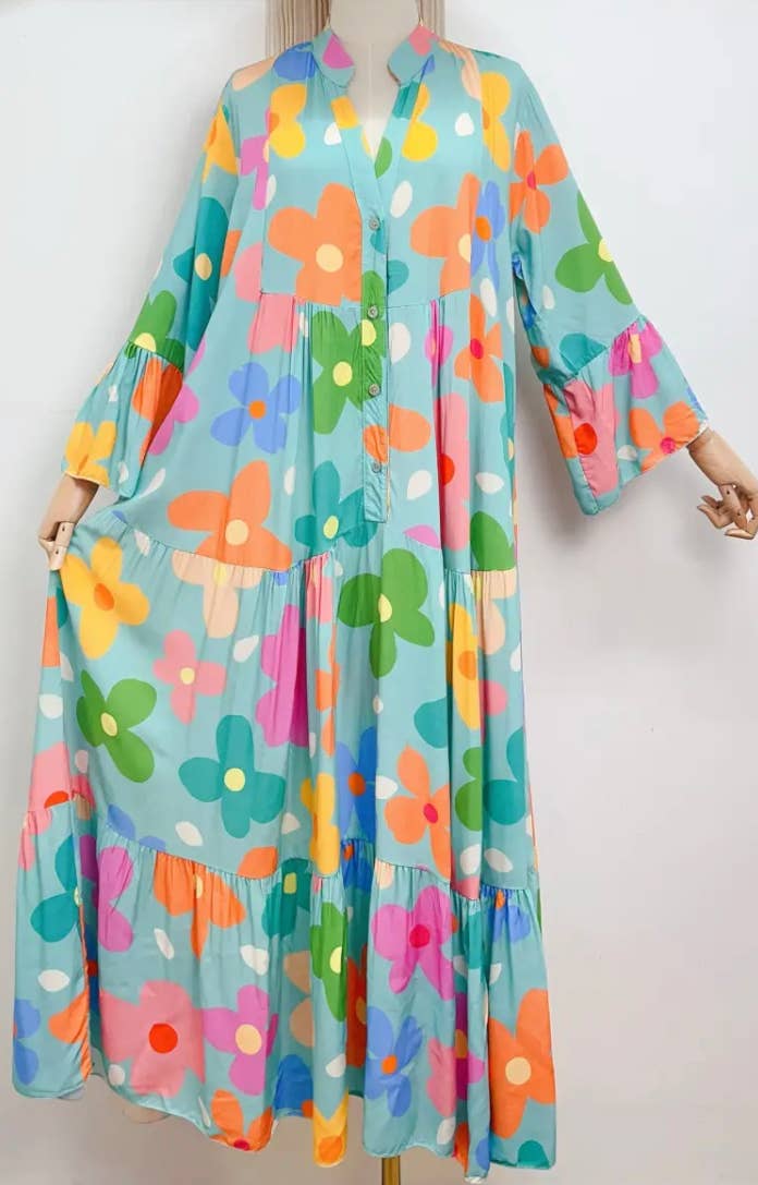 LOOWIE - SV45C Italian One Size Aqua Daisy Floral Maxi Dress