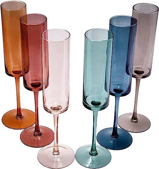 The Wine Savant /  Khen Glassware - Khen Muted Rainbow Champagne Flute Stemmed Glasses Set of 6