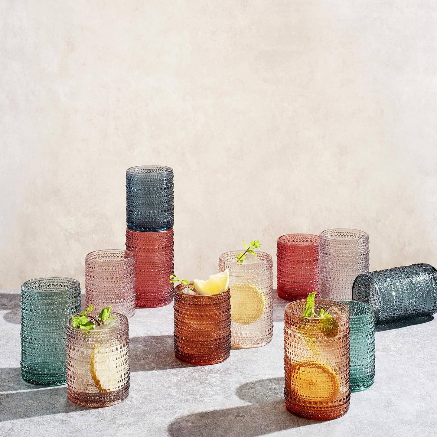 The Wine Savant /  Khen Glassware - 12 Hobnail Drinking Glasses Pastel Colored Beaded Set
