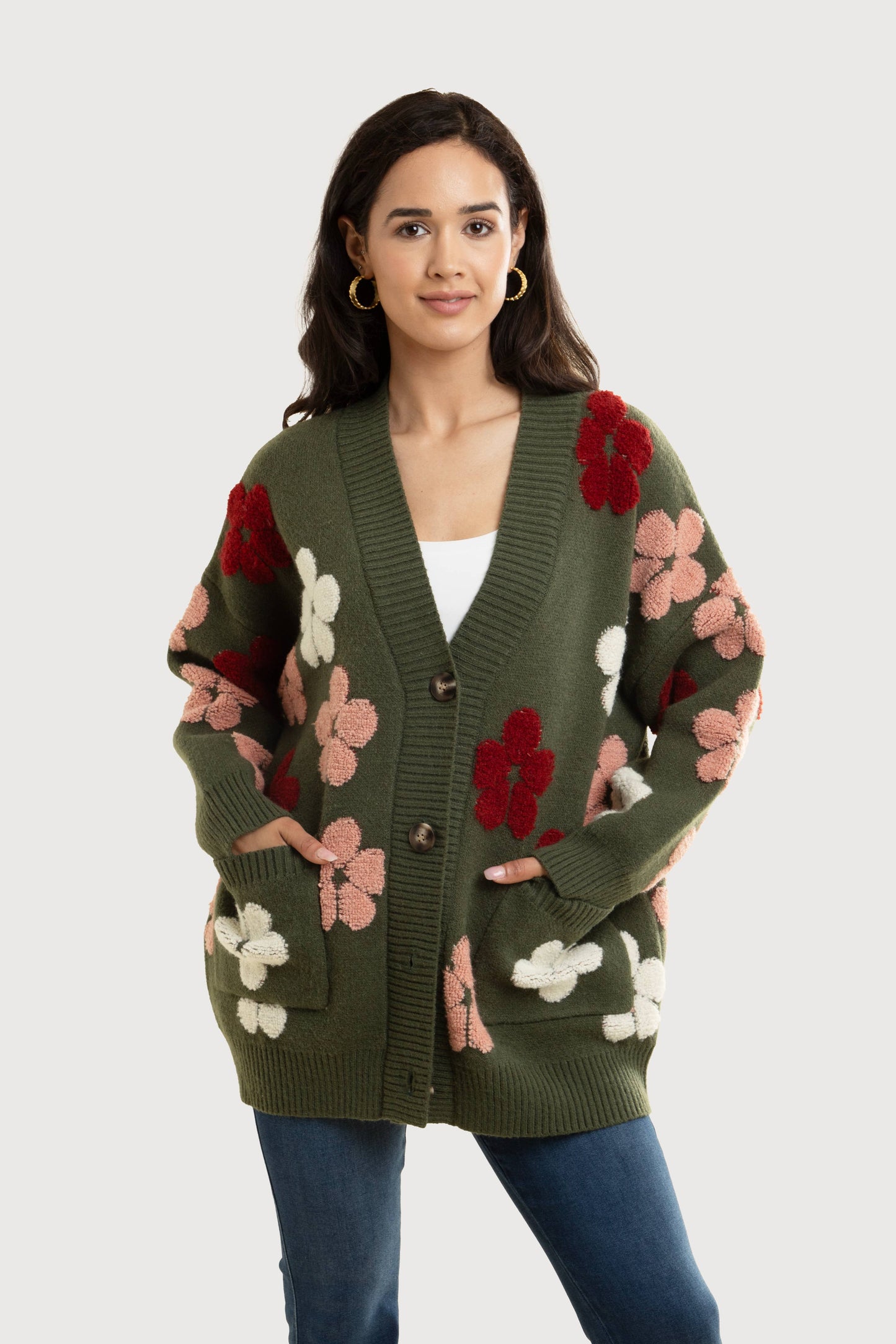 SAACHI - Autumn Floral Knit Cardigan: Beige