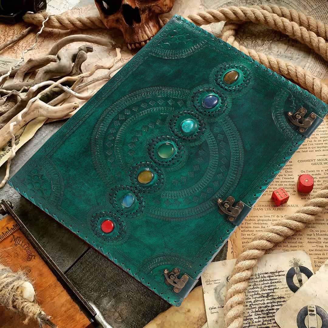 Tuzech Leather - Tuzech Seven Chakra Medieval Stone Embossed Handmade Jumbo Leather Journal Book of Shadows Notebook Office Hocus Pocus Diary College Poetry Sketch With Leather Bound: Brown / 10 x 7 Inches
