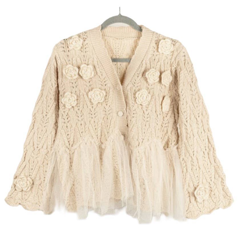 PEACH ACCESSORIES - SK131 Super soft cardigan with roses flower details in Beige