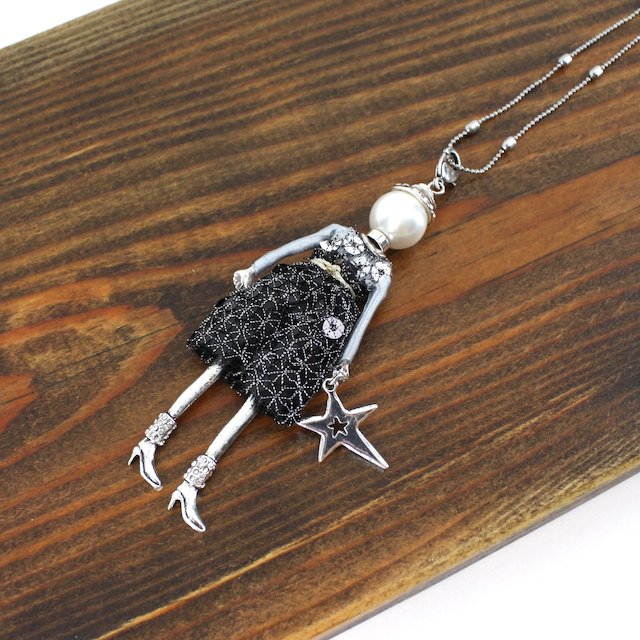 Pretty Persuasions - N23188D Stone Adorned French Doll Stainless Steel Necklace: 01 B/W Stars