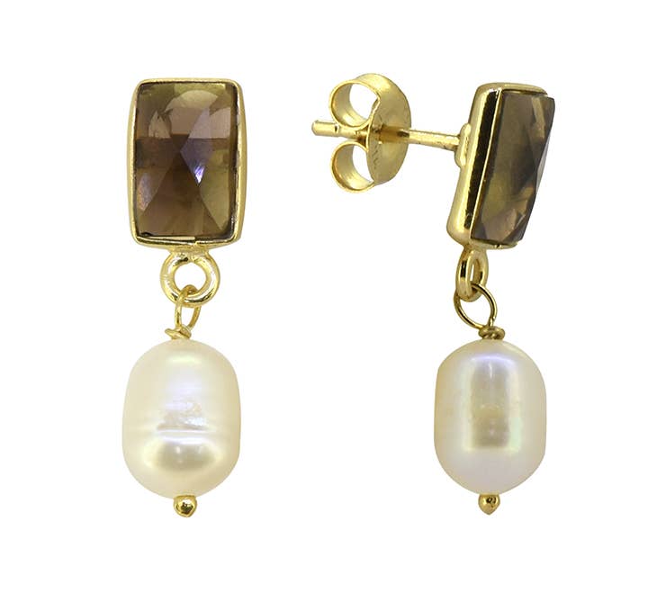 Tiramisu - Pearl Smoky Quartz Gold Plated 925 Silver Drop Earrings