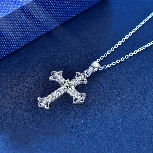 Perimade & Co. LLC - Moissanite Cross Pendant Necklace in 925 Sterling Silver: 0.5 ct / 45 cm chain