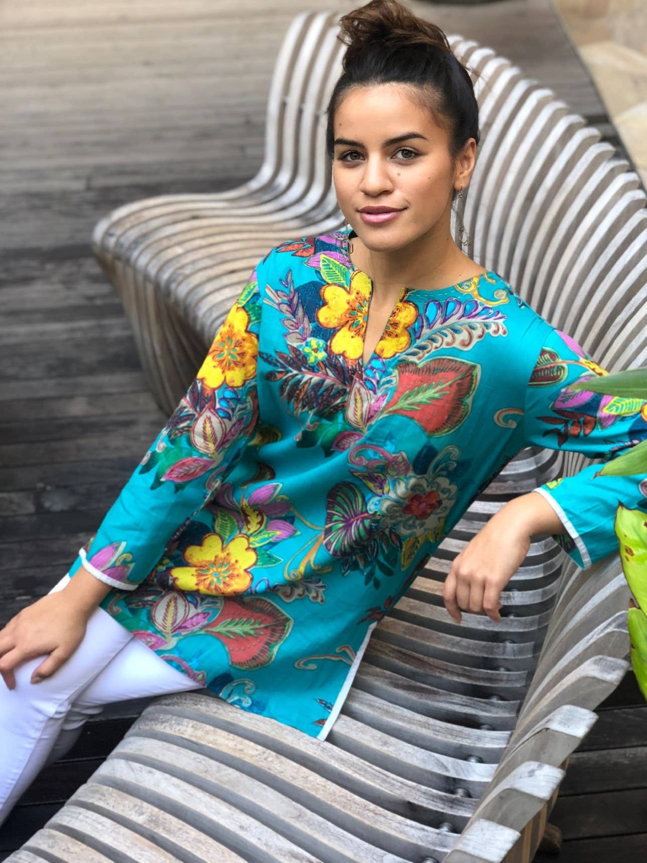 KikiSol - Aqua Fiji KikiSol Tunic with Gray Trim: S