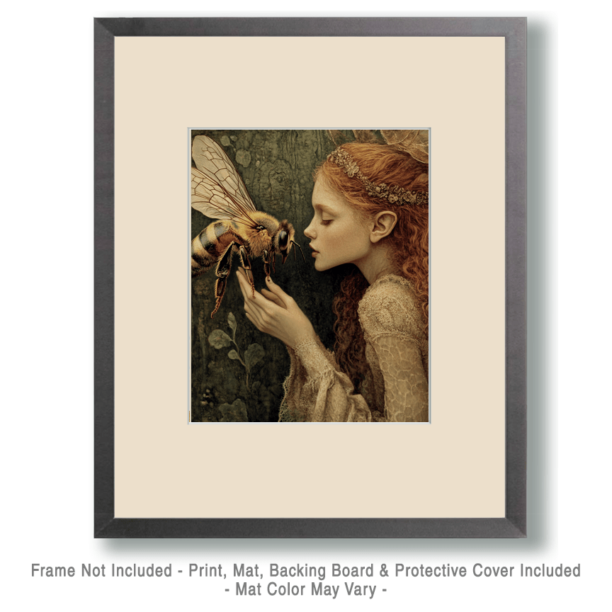Mowbi - Fairy Talking to a Bee - Honey & Bee Wall Art Prints – 8″x10″ Artwork for 11″x14″ Frame